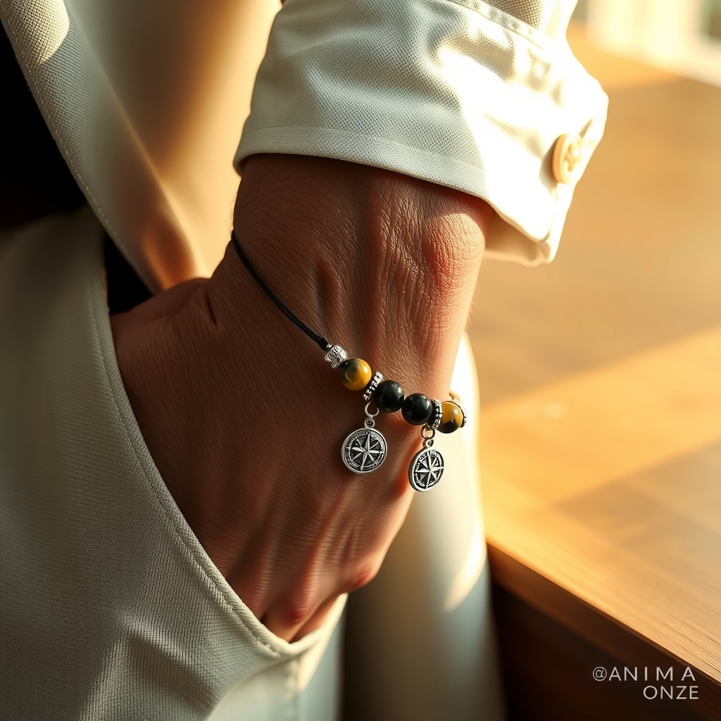 Brújula del Alma · Pulsera de Ojo de Halcón y Ónix con Brújula · puesta