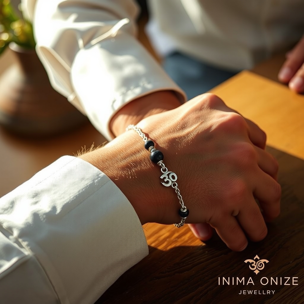 Claridad Azul · Pulsera de Lapislázuli y Lava con Om · puesta