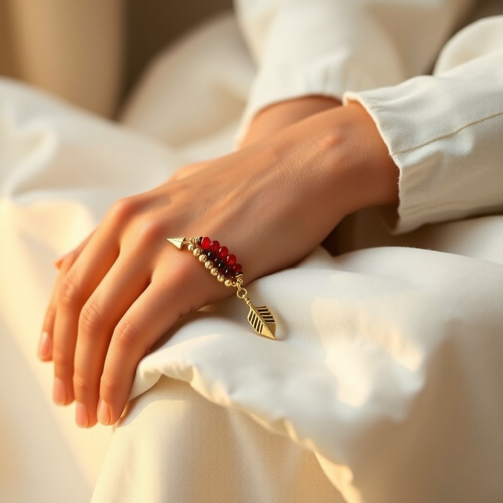 Fuego Sagrado · Pulsera Envolvente de Cornalina y Granate con Flecha · puesta