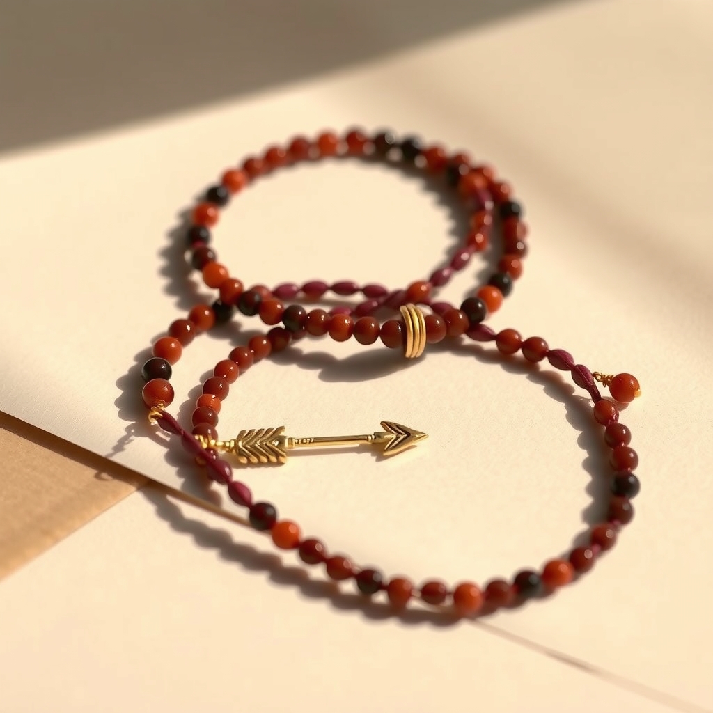 Fuego Sagrado · Pulsera Envolvente de Cornalina y Granate con Flecha · foto de estudio