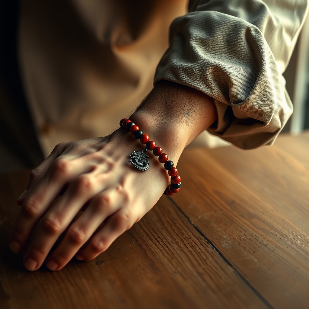 Fuego Sagrado · Pulsera de Jaspe Rojo y Lava con Dragón · puesta