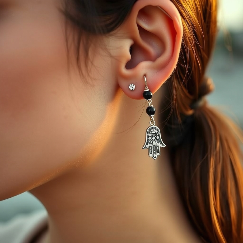 Guardián Sereno · Aretes de Botón de Ónix Negro con Hamsa · puesta