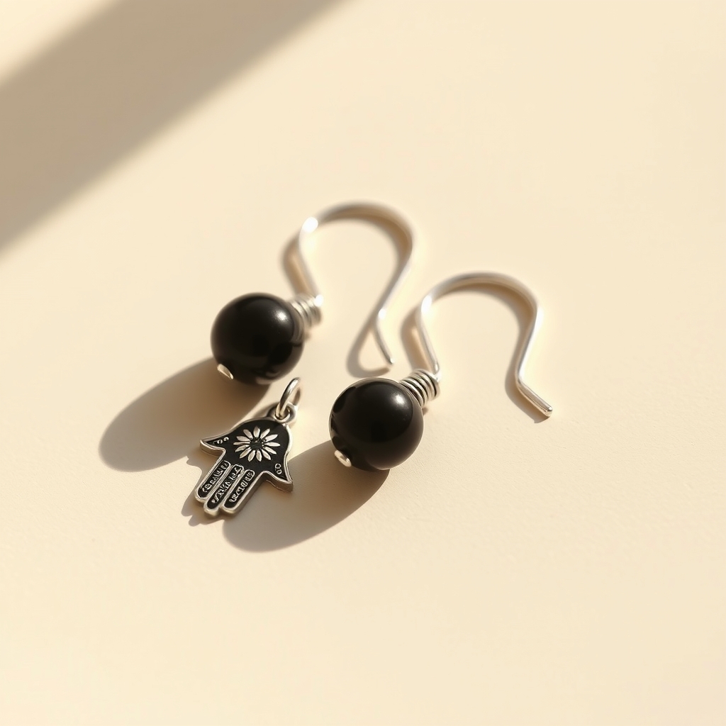 Guardián Sereno · Aretes de Botón de Ónix Negro con Hamsa · foto de estudio