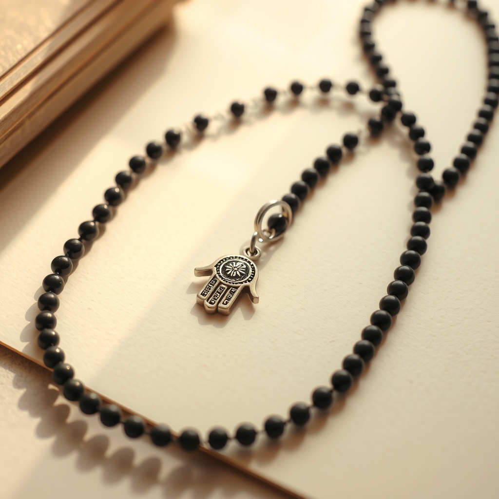 Guardián Sereno · Collar de Ónix Negro con Hamsa · foto de estudio