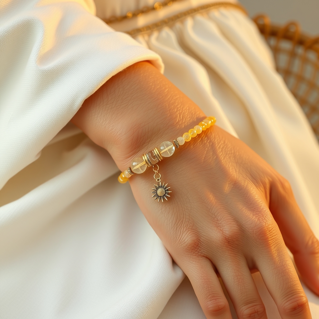 Hora de Brillar · Pulsera de Citrino y Cuarzo Transparente con Sol · puesta