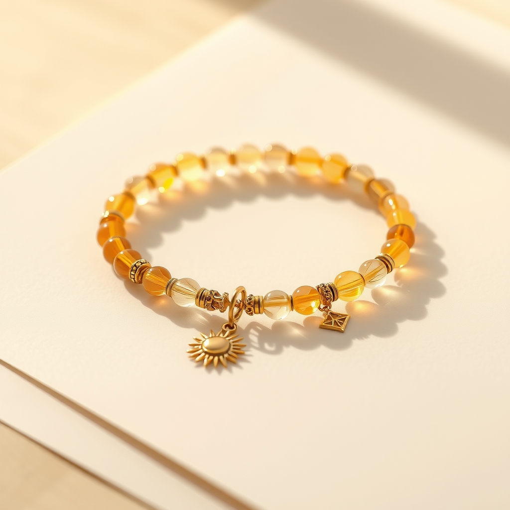Hora de Brillar · Pulsera de Citrino y Cuarzo Transparente con Sol · foto de estudio