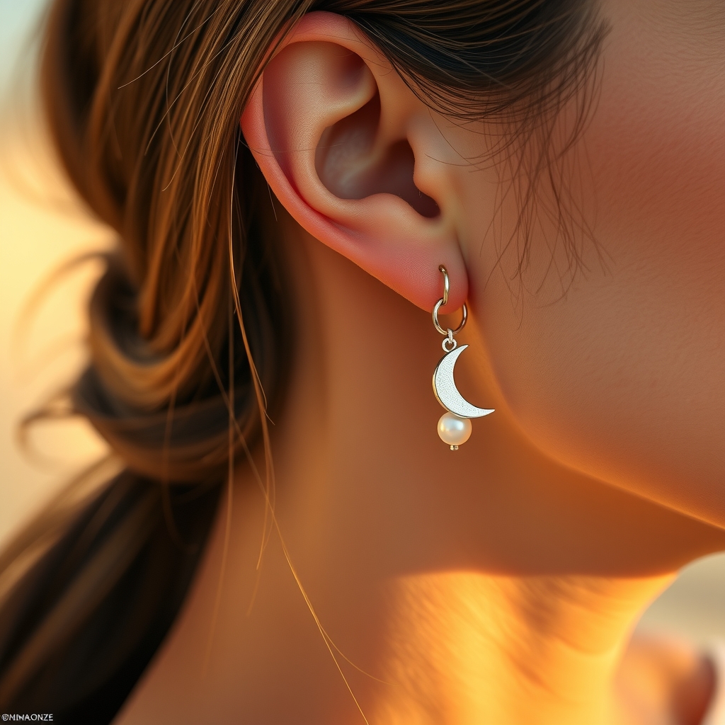 Luz de Luna · Aretes Colgantes de Perla con Luna · puesta