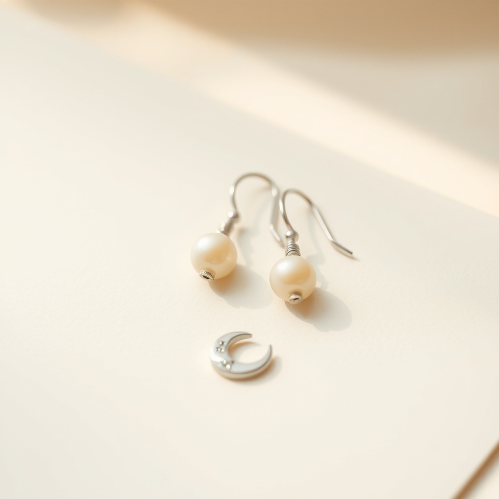 Luz de Luna · Aretes Colgantes de Perla con Luna · foto de estudio