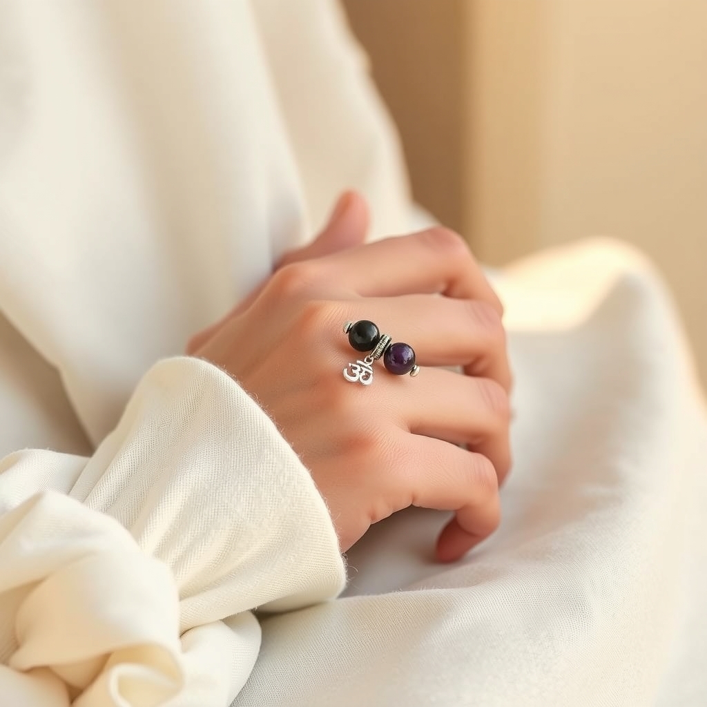 Mente Serena · Anillo Giratorio de Howlita y Amatista con Om · puesta