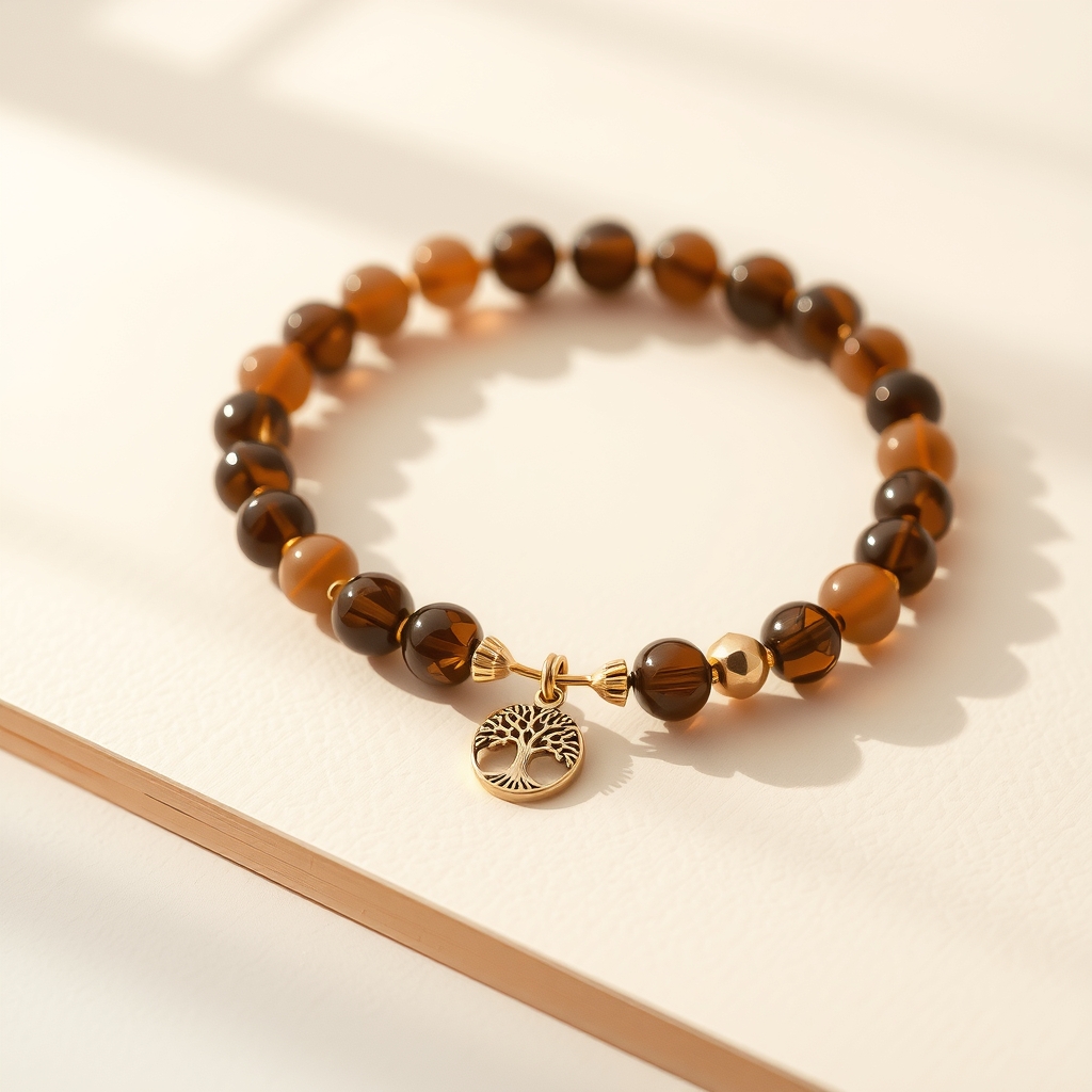 Raíces y Alas · Pulsera de Cuarzo Ahumado y Ágata con Árbol de la Vida · foto de estudio