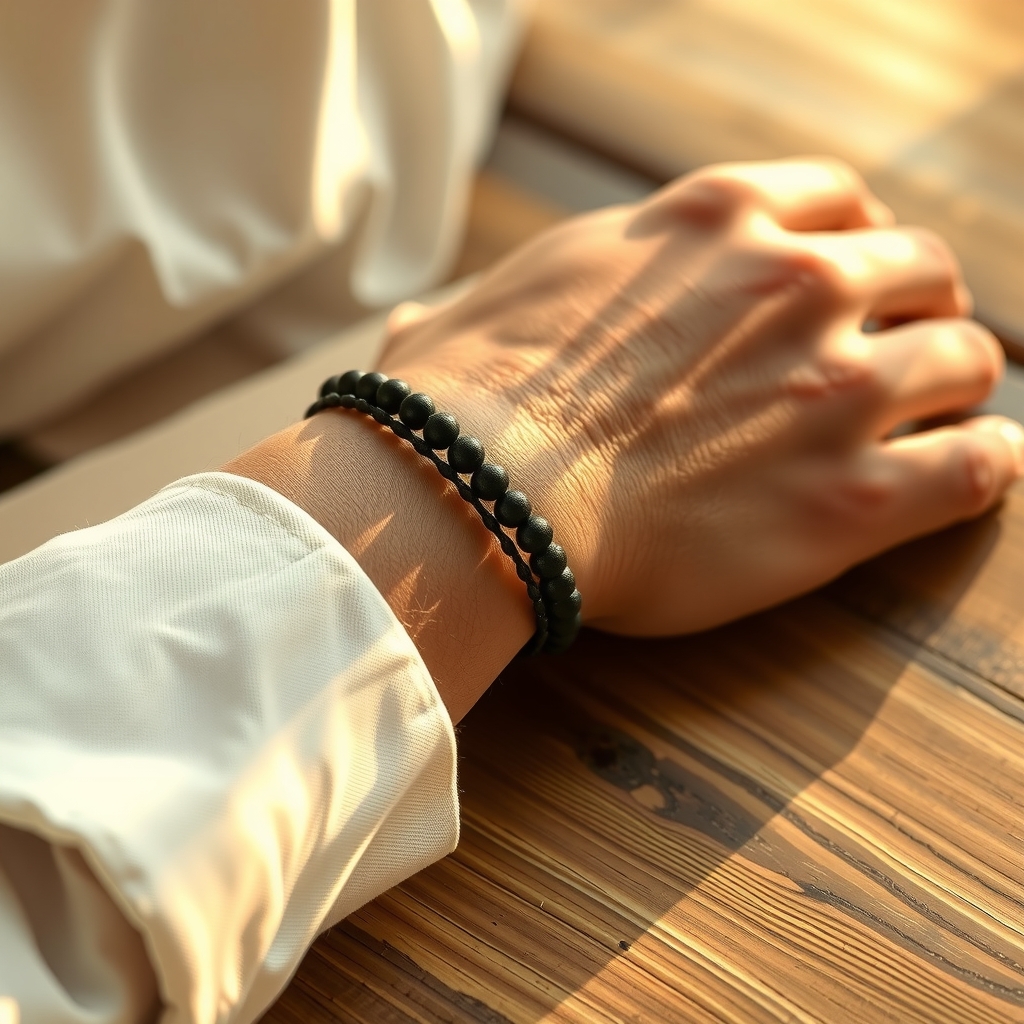 Raíz Firme · Pulsera de Hematita y Lava · puesta