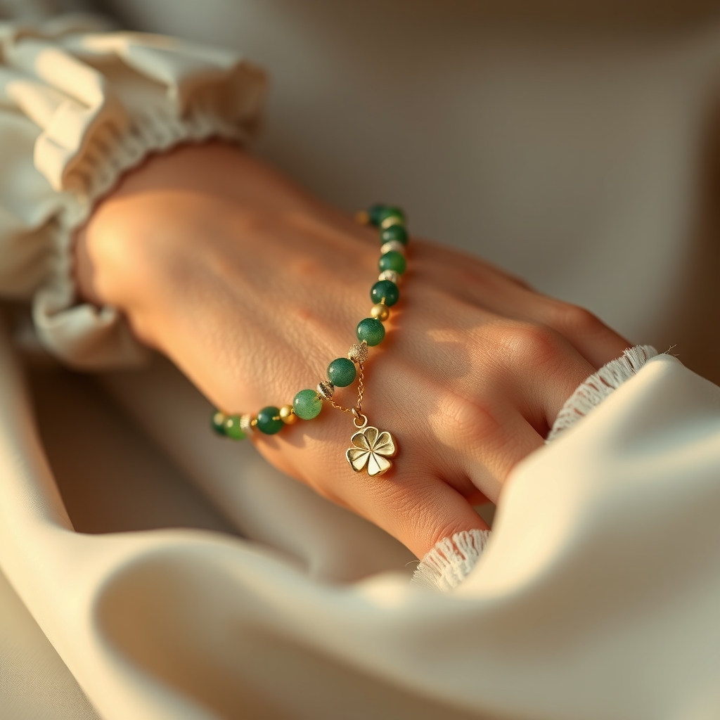 Trébol Verde · Pulsera de Aventurina y Jade con Trébol · puesta