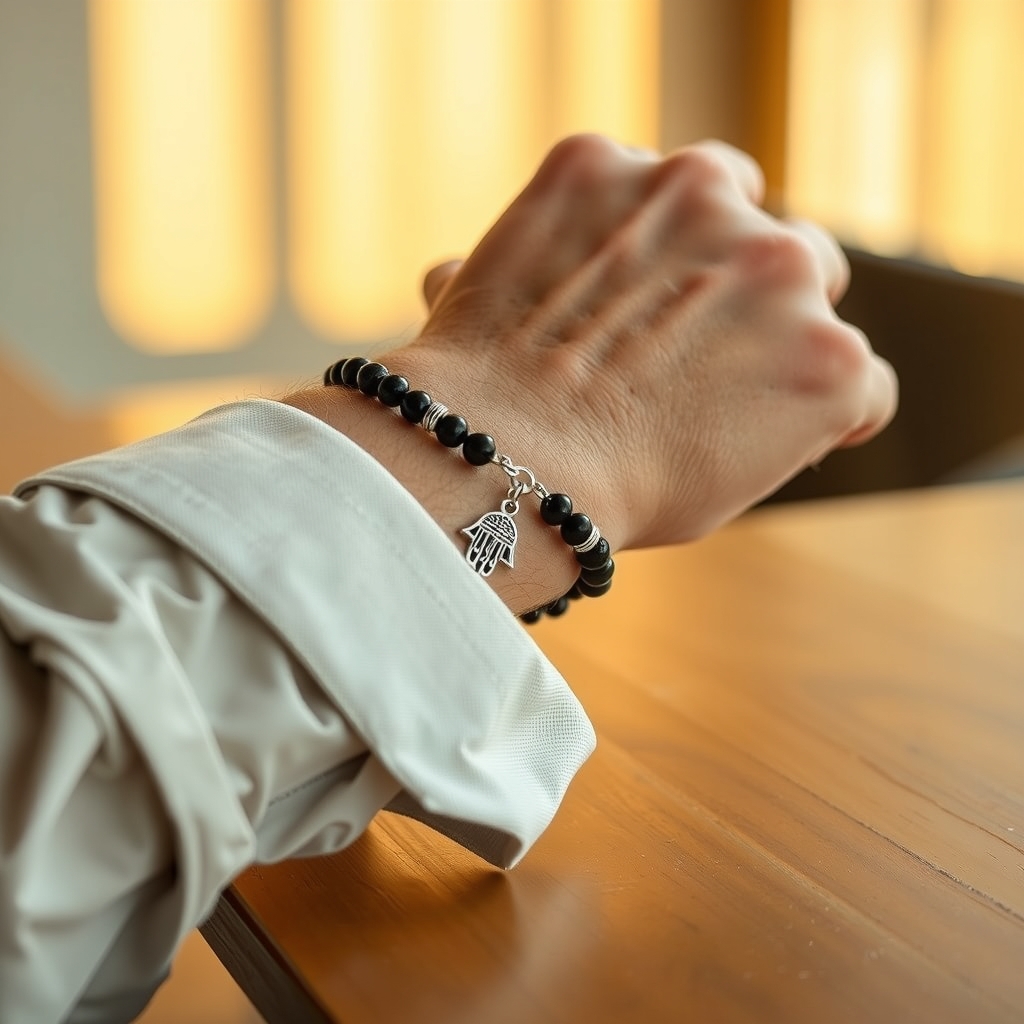 Sendero de Paz · Pulsera de Turmalina Negra y Ónix con Hamsa · puesta
