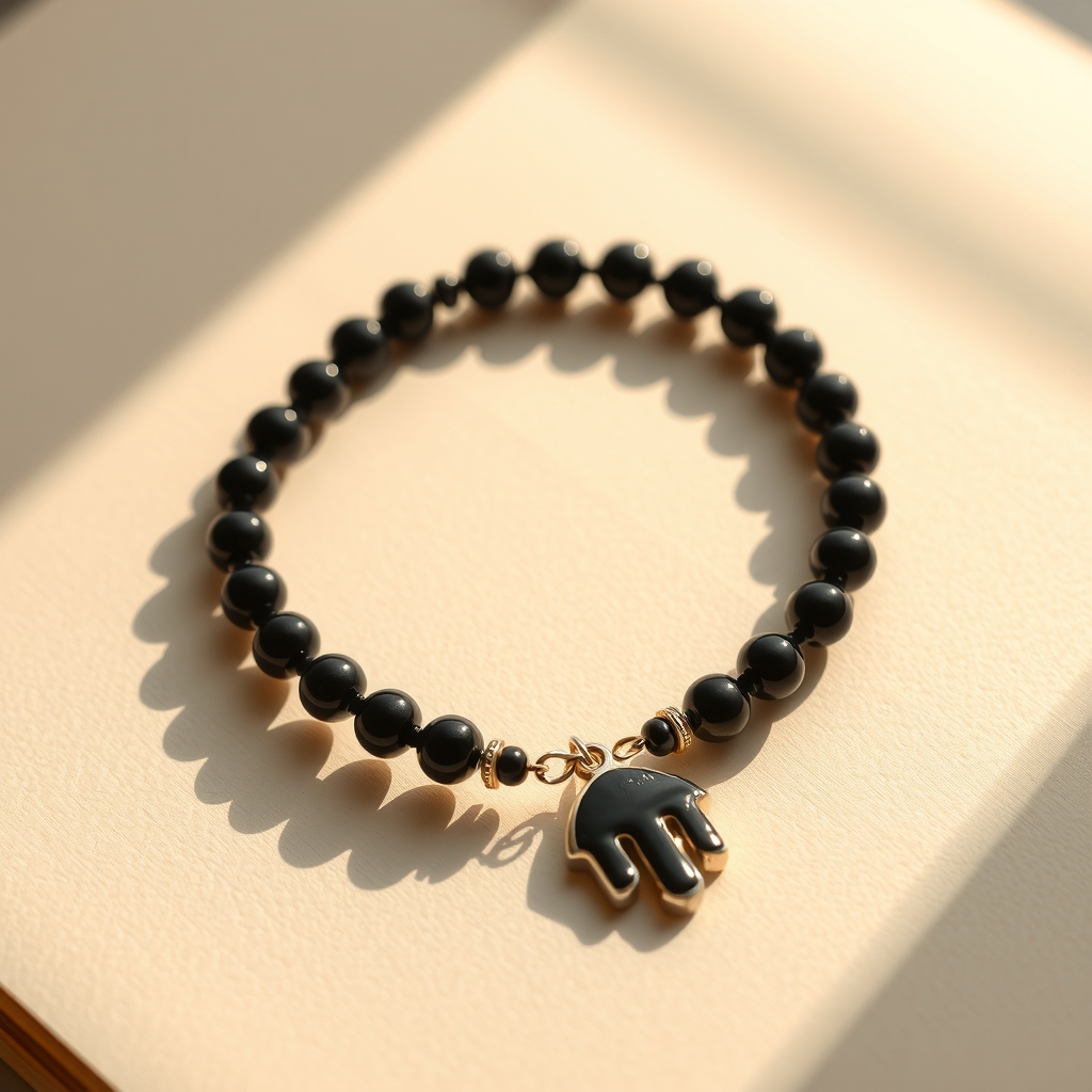 Sendero de Paz · Pulsera de Turmalina Negra y Ónix con Hamsa · foto de estudio