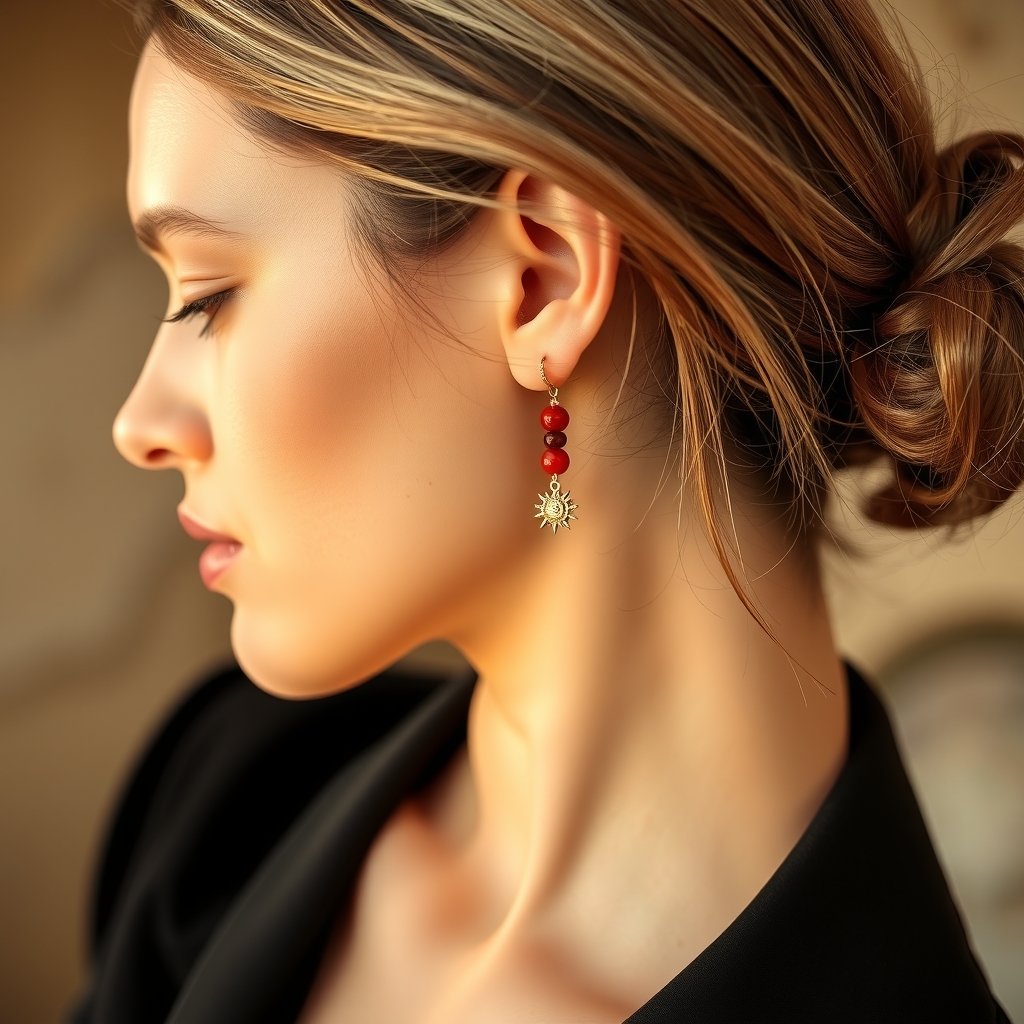 Sol Naciente · Aretes Colgantes de Cornalina y Granate con Sol · puesta