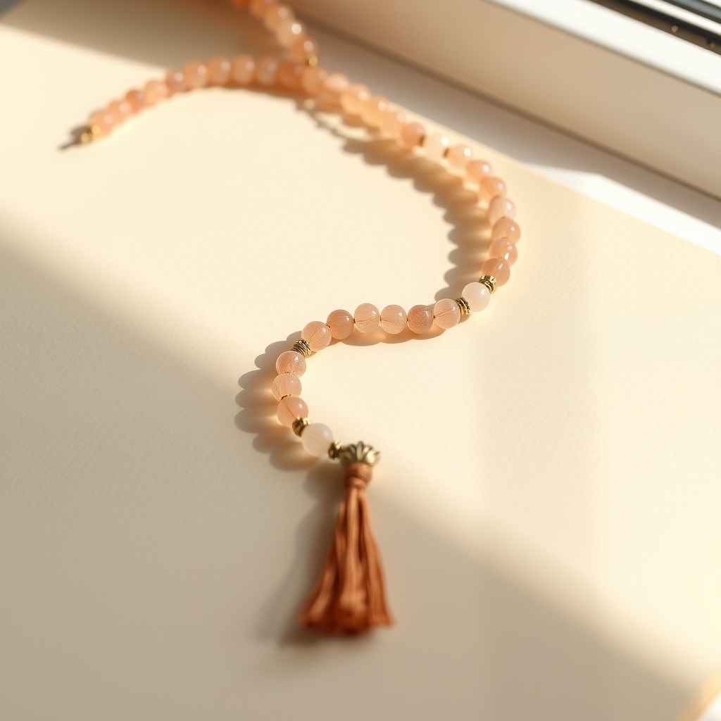 Suave Armonía · Mala 108 de Cuarzo Rosa y Piedra Luna · foto de estudio