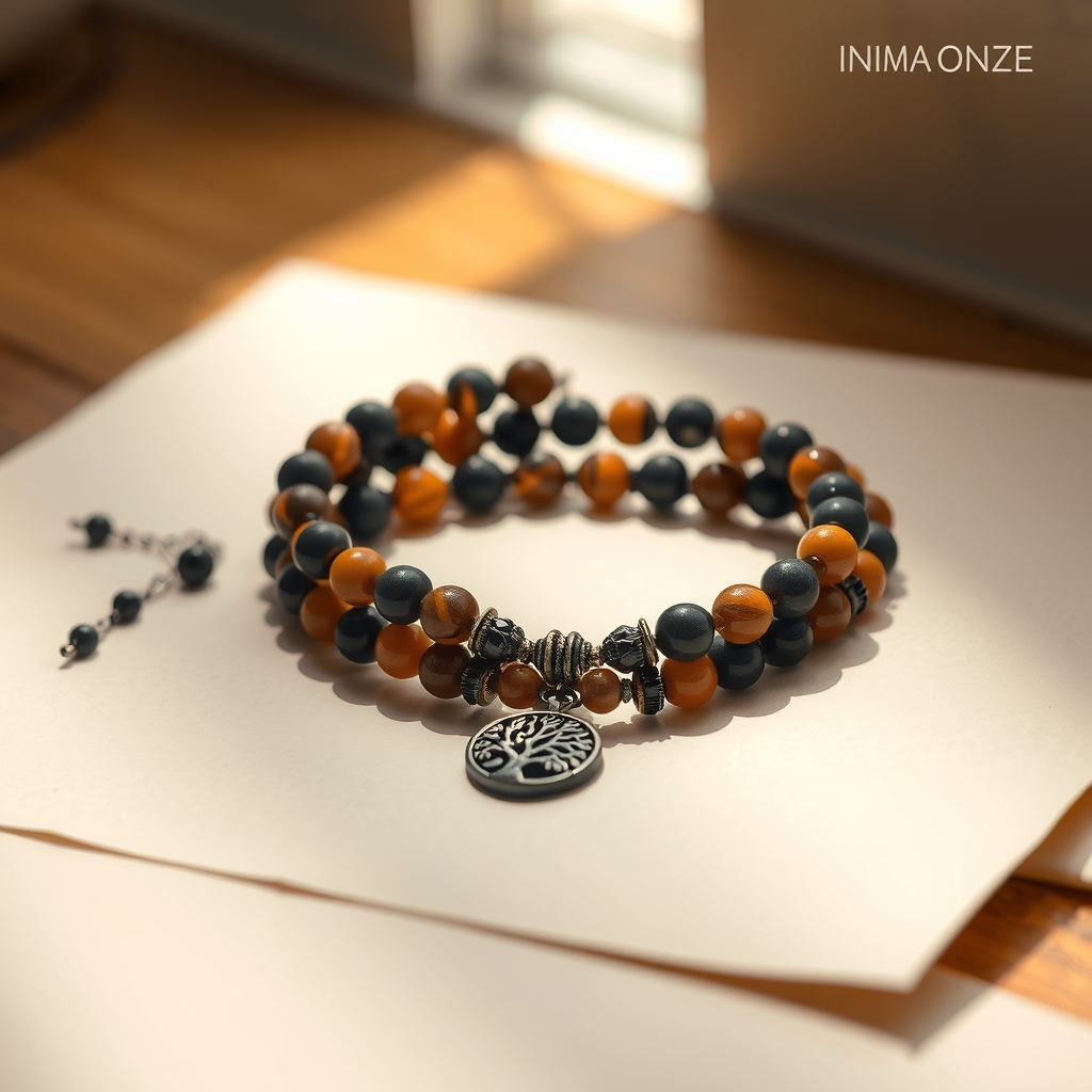Tierra Sagrada · Pulsera Envolvente de Ojo de Tigre y Cuarzo Ahumado · foto de estudio
