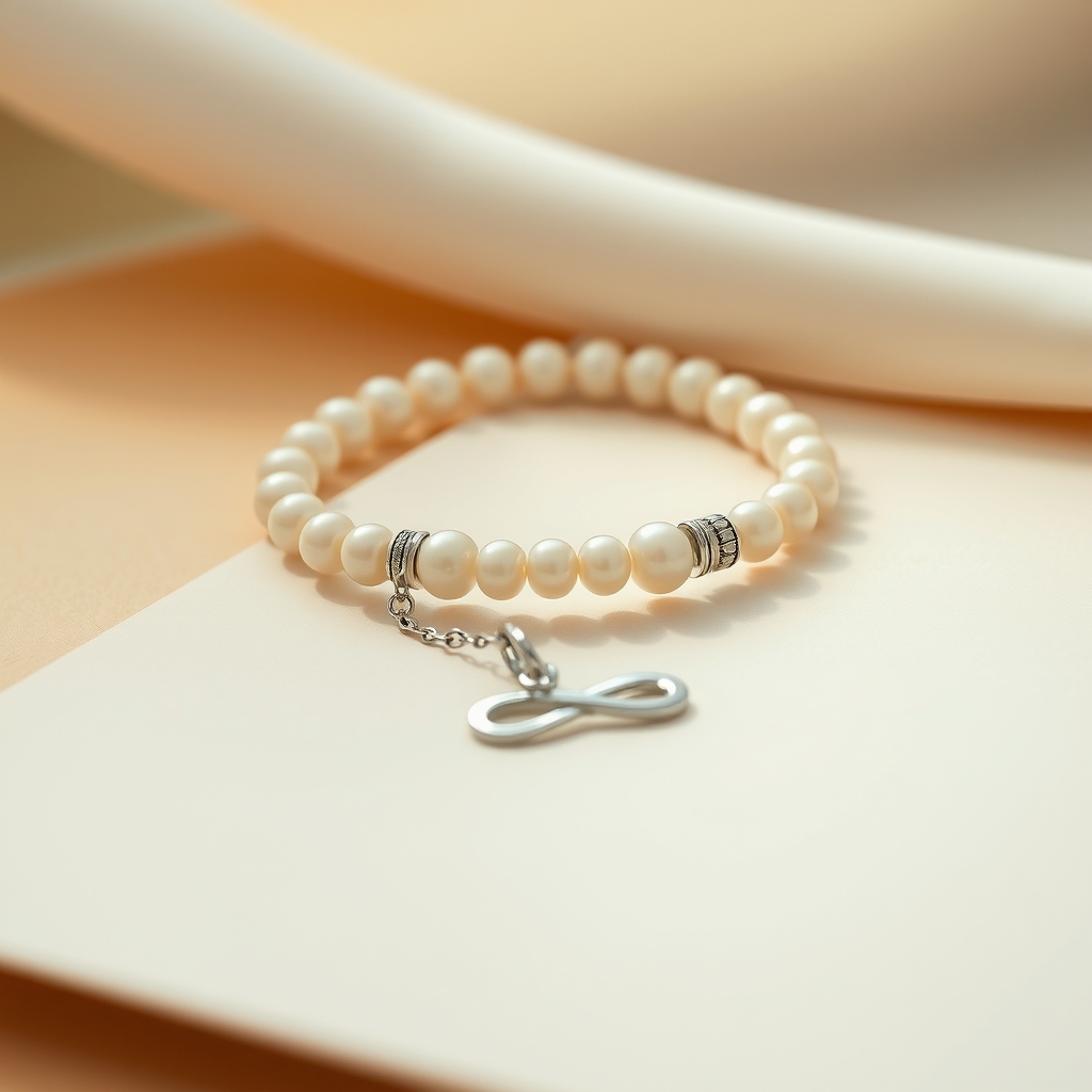 Vínculo Eterno · Pulsera de Perla y Piedra Luna con Infinito · foto de estudio