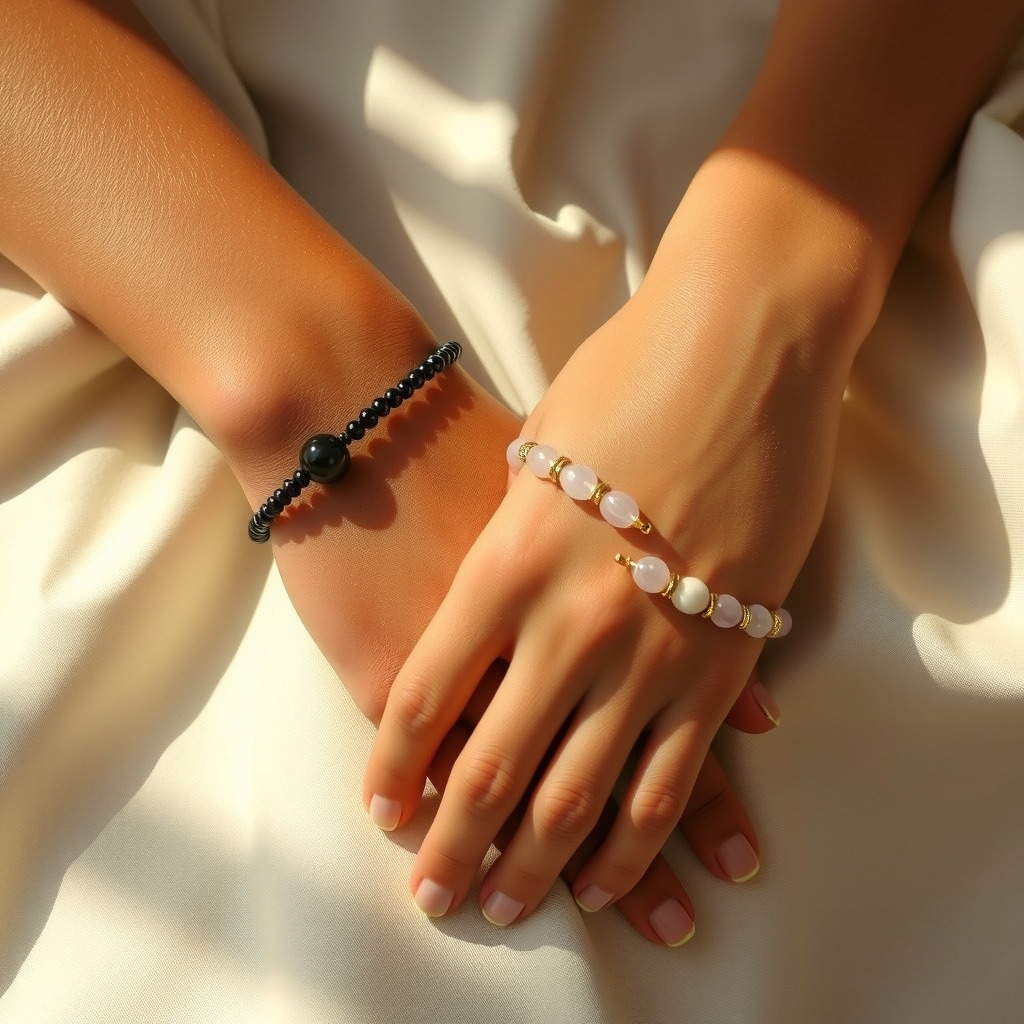 Manos de mujer con pulseras de piedras naturales y un hilo rojo sobre lino marfil